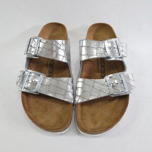 Birkenstock Arizona Gator Gleam Two-Strap Silver Comfort Sandal Size 40 EU 8 US